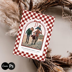 Plantilla de tarjeta navideña con foto, tarjeta navideña con cuadros bohemios, feliz Navidad con cuadros, Photoshop, PSD, Canva #Y22HD27-PSD+