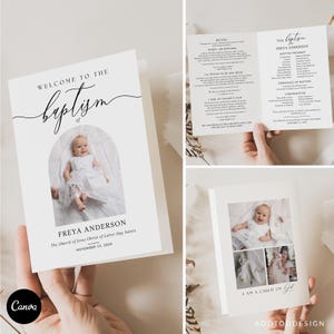 Op de afbeelding: Een witte doop uitnodigingskaart met de tekst "Welkom bij de doop van Freya Anderson" en een foto van een baby. De kaart bevat ook de datum en de naam van de kerk. De binnenkant van de kaart heeft het doopprogramma en songteksten.