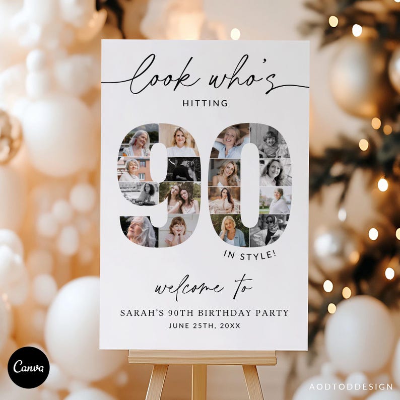 90th Birthday Photo Collage Welcome Sign, Editable Canva Template ...