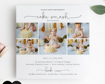 Plantilla de minisesión de smash cake, plantilla de marketing para smash cake, primer cumpleaños, marketing, fotografía, Photoshop, PSD, CANVA #Y20MB67-PSD+
