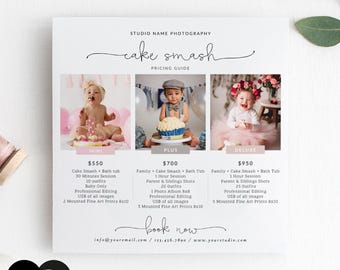 May include: A square flyer with the words "cake smash" in script. It features three photos of babies with cakes, and pricing information for photo sessions. The flyer includes the text "book now" and contact information.