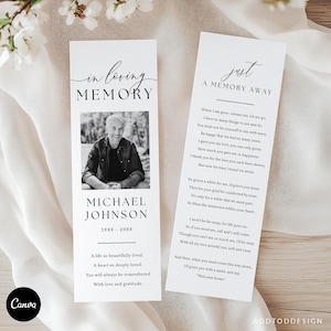 May include: Two white memorial cards with black text. One card reads "In Loving Memory" above a photo of a man, with the name "Michael Johnson" and dates. The other card has a poem.
