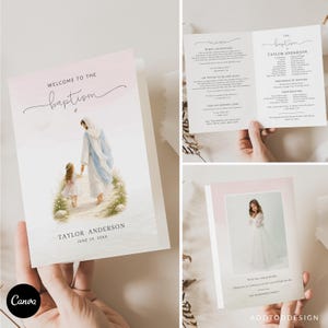 May include: A baptism program featuring a front cover with a watercolor illustration of a figure in a white robe walking with a child, the text Welcome to the Baptism, Taylor Anderson, and June 29, 20XX. The interior lists music and order of service.