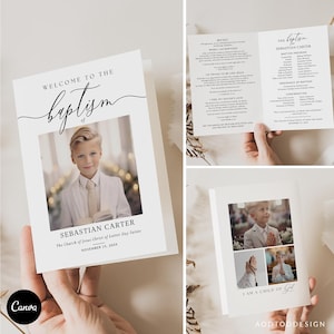 May include: A baptism invitation card with a photo of a young boy in a white suit. The card reads "Welcome to the Baptism of Sebastian Carter" and includes the date and church information. The design is simple with elegant script.