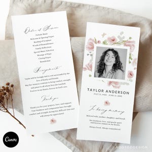 May include: Two white funeral program cards featuring soft pink watercolor floral illustrations. The right card displays a black and white portrait of Taylor Anderson with dates, while the left card lists the order of service and thank you text.