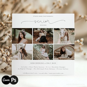 May include: A white promotional card with the text "STUDIO NAME PHOTOGRAPHY" and "senior sessions." The card features six photos of a young person in various poses. The card also includes the text "NOW BOOKING" and contact information.