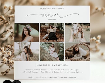 Può includere: Un biglietto promozionale bianco con il testo "STUDIO NAME PHOTOGRAPHY" e "senior sessions". Il biglietto presenta sei foto di una persona giovane in varie pose. Il biglietto include anche il testo "NOW BOOKING" e le informazioni di contatto.