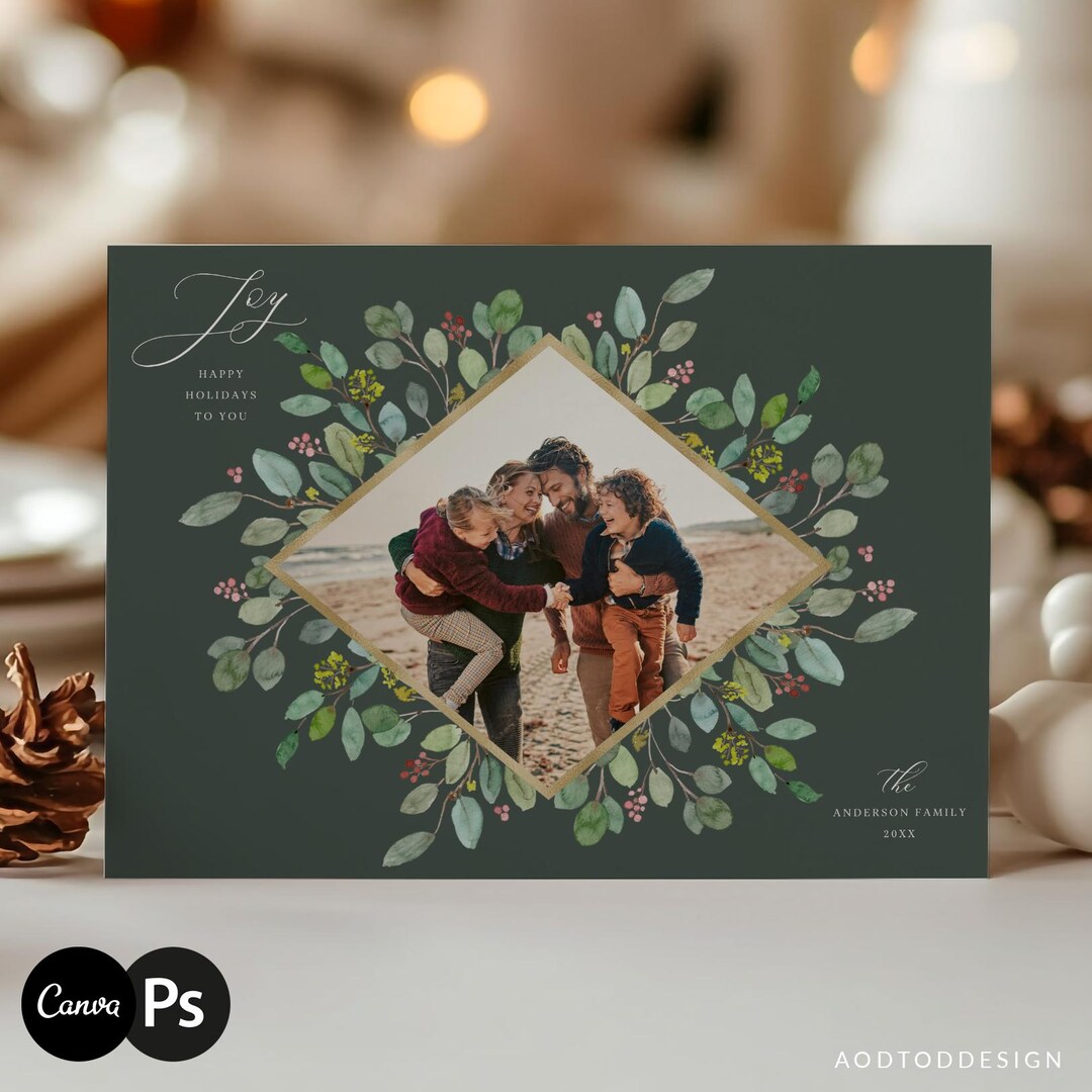 Editable Floral Merry Christmas Family Photo Card Template, Holiday ...