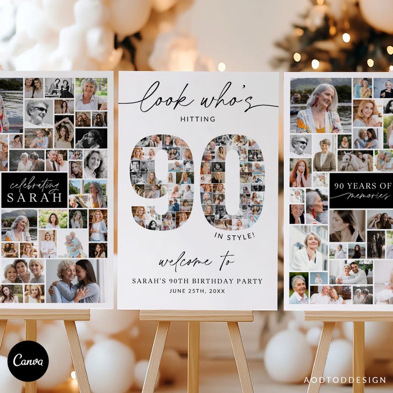 90th Birthday Photo Collage Welcome Sign, Editable Canva Template ...