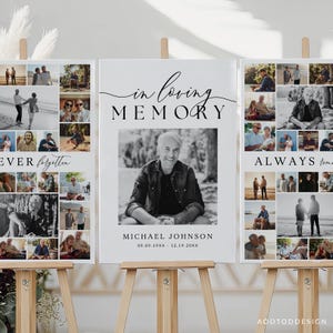 May include: Three memorial signs on wooden easels. The center sign reads "in loving memory" above a black and white photo of a man. The other signs have photo collages and the phrases "ever forgotten" and "always remembered".