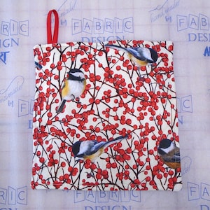 Quilted Potholder: Finch Bird & Berry Print, Handmade Hot Pad (8x8") jacobean style
