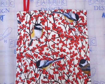 Quilted Potholder: Finch Bird & Berry Print, Handmade Hot Pad (8x8") jacobean style