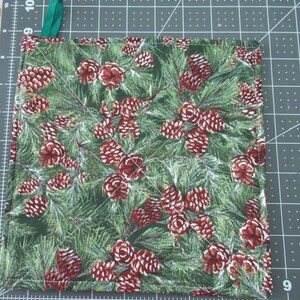 May include: Square quilted potholder with a green background and a pattern of pine needles and red pine cones. A green fabric loop is attached to one corner. The potholder is approximately 8 inches square.