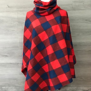 Fleece Poncho: Buffalo Plaid Cowl Neck Serape Wrap