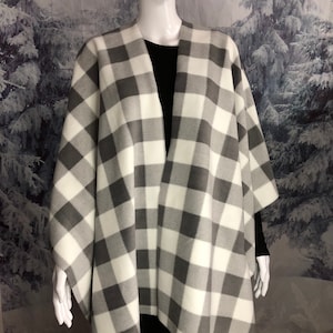 Gray Buffalo Plaid Fleece Poncho Shawl Wrap
