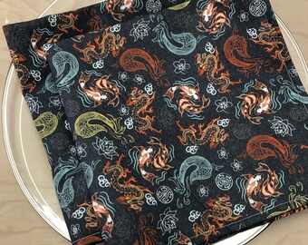 2 Cloth napkins Chinese Koi Dragon Coin wealth prosperity cotton unpaper reusable washable new home table linens eco friendly 16x16"