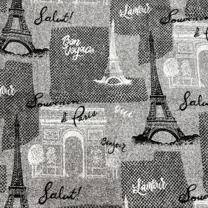 May include: A gray and white fabric featuring a repeating pattern of the Eiffel Tower, Arc de Triomphe, and French phrases like "Bonjour" and "Salut!" The design includes a textured background with a grid-like pattern.