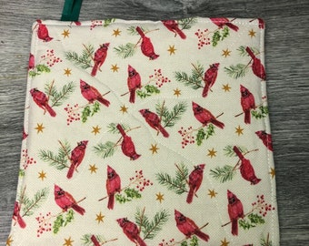 Red Cardinal Potholder: Quilted Cotton Hot Pad, Bird Lover Gift jacobean style