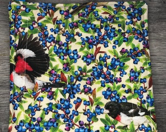 Quilted Potholder: Birds & Berries Print, Handmade Hot Pad jacobean style