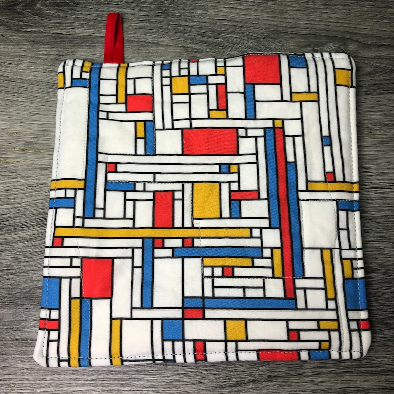 Piet Mondrian style abstract art potholder pot holders quilted hotpad handmade trivets 20th century modern geometric 8x8 hotpads hot pads