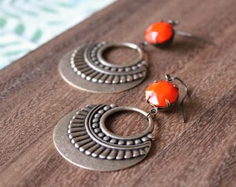 vintage glass gem + vintage brass earrings - tangerine