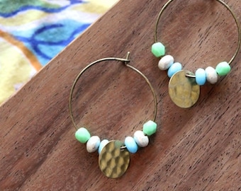 vintage hammered brass and multi czech glass hoop earrings