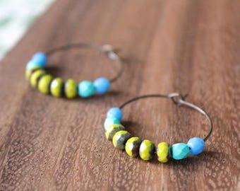 lime, teal, blue czech glass hoop earrings