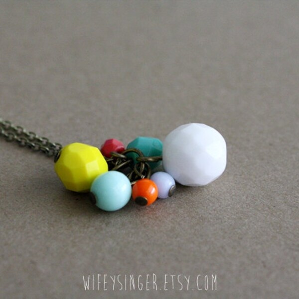 bright color pop czech glass bead cluster 26" necklace - white, lemon, mint