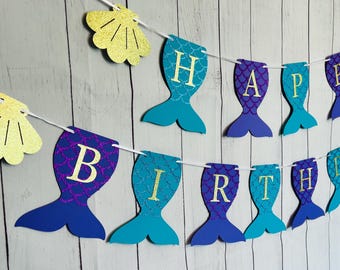 Banner de cumpleaños de cola de sirena, decoración para fiesta bajo el mar