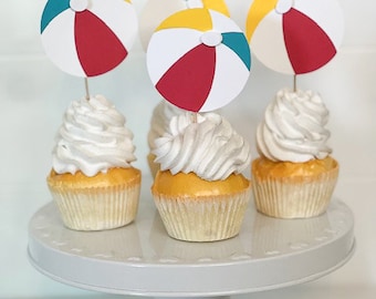 Beach Cupcake Toppers, Beach Ball Toppers, Summer Party Decor, Beach Party Decor, Pool Party Decor, Cupcake Toppers