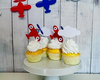 Vliegtuigcupcaketoppers, feestdecoratie luchtvaart (set van 12)