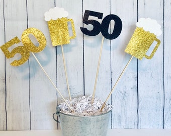 Beer Birthday Centerpiece Sticks, Black & Gold Party Decor (Set of 4)