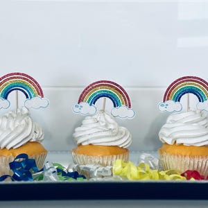 Toppers de cupcake de arco-íris, Toppers temáticos de arco-íris, Ideias para festas de arco-íris, Decoração de festa colorida, Escolhas de comida de arco-íris
