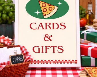 Pizza Party Cards & Gifts Sign, Printable Photo Booth Decor (Digital Download)