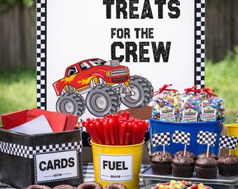 Znak „Monster Truck Party Treats”, dekoracja urodzinowa do druku (do pobrania w wersji cyfrowej)