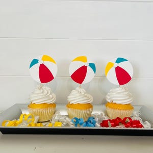 Beach Cupcake Toppers, Beach Ball Toppers, Summer Party Decor, Beach Party Decor, Pool Party Decor, Cupcake Toppers