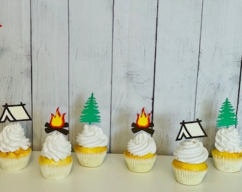 Camping Birthday Cupcake Toppers, Camping Party Decor Cupcakes, Cupcake Toppers, Tent Camping Cupcake Toppers