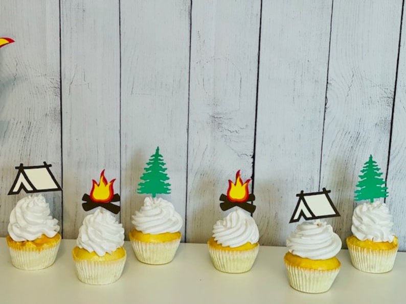 Camping Birthday Cupcake Toppers Camping Party Decor Cupcakes Cupcake Toppers Tent Camping Cupcake Toppers