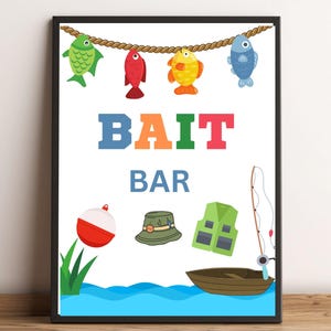 Enseigne imprimable barre d'appâts de pêche, partie de pêche à imprimer, décoration de fête de pêche, décoration de fête de poisson, enseigne imprimable d'anniversaire de pêche