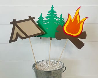 Camping Centerpieces, Campfire Tent Decor, Woodland Party (Set of 3)