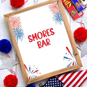 4th of July Smores Bar Printable Sign, Patriotic Fireworks, Snack Table Decor, Red, White & Blue Independence Day Party Sign