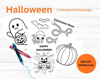 May include: A collection of Halloween-themed coloring and activity pages. The pages feature line art illustrations of a ghost holding a jack-o'-lantern, bats, a spider, a pumpkin, and a maze. The words "Halloween" and "Happy Halloween" are also visible.