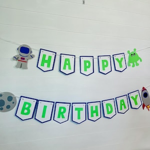 Outer Space Birthday Banner, Astronaut Rocket Ship Birthday Banner, Outer Space Party Decor, Galaxy Theme Banner
