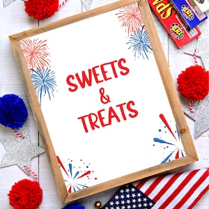 4th of July Sweets and Treats Printable Sign, Patriotic Fireworks Dessert Table Decor, Red, White & Blue Independence Day Party Sign
