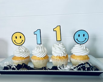Cupcaketoppers met smileygezicht, decoratie verjaardagsfeestje
