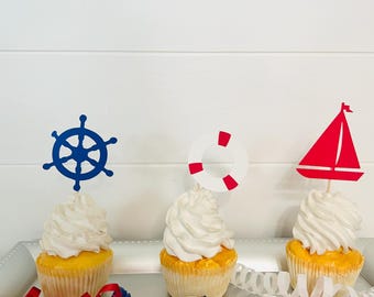 Nautiska muffinsdekorationer, muffinsdekorationer till babyshower, Ahoy det är en pojke muffinsdekorationer, nautisk festdekoration, Ahoy det är en pojke, födelsedag