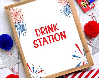 Skylt för drinkstation för den 4 juli, patriotisk fyrverkeridekoration (PDF och JPEG)
