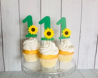 Sunflower Number Cupcake Toppers, First Birthday, Baby Shower, Set of 12
