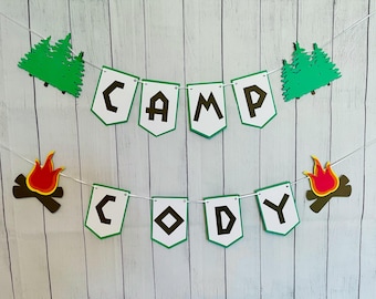 Verjaardagsbanner camping, naam kamp, thema buitenfeest