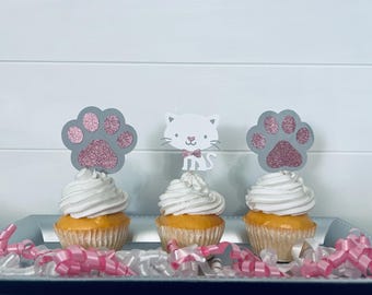 猫のカップケーキトッパー、子猫の足跡のパーティーデコレーション